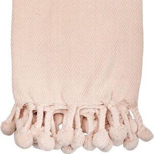 Creative Co-Op Soft Pink Cotton Woven Pom Pom Throw w/Braids/NWT